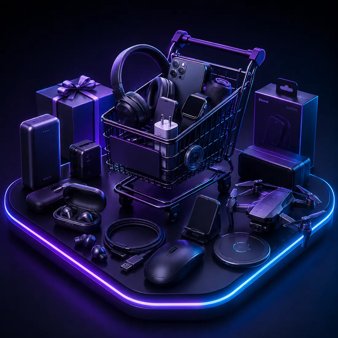 Shopping cart with gadgets and accessories